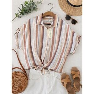 Young Hearts Run Free Neutral Vertical Stripe Linen Rayon Tie Blouse XL Boxy